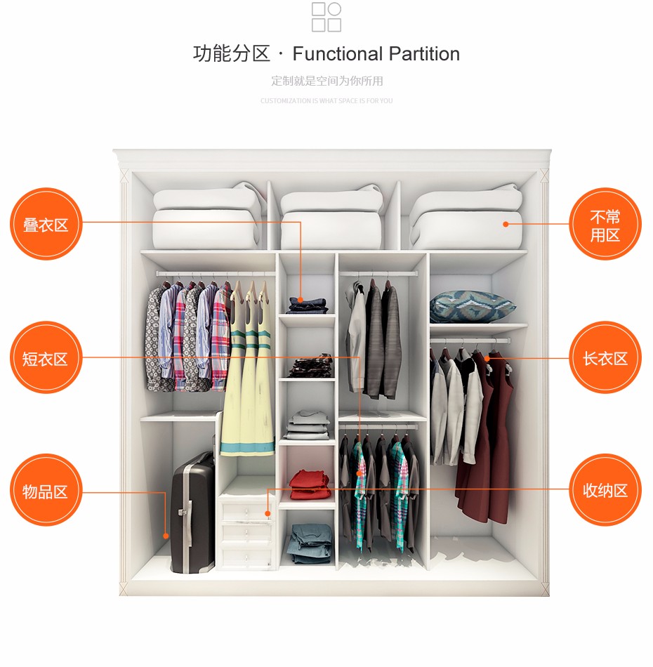 现代定制素面衣柜功能分区